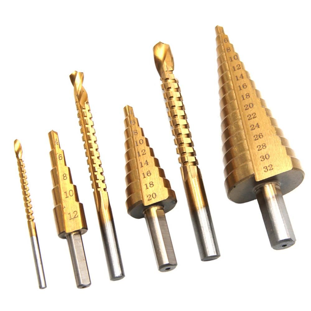 6PCS Spiral Groove Step Drill Set HSS Titanium-Coated Wood Metal Hole Cutter for Plastic Wood Metal DIY