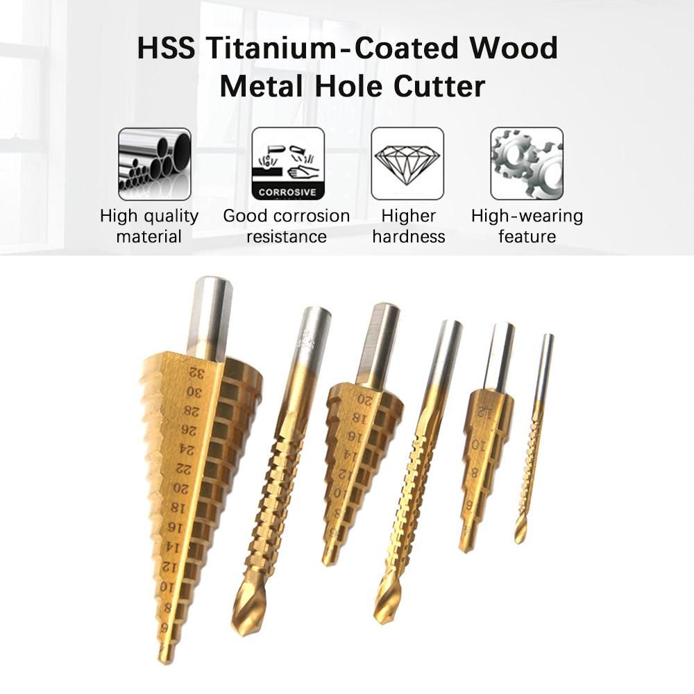 6PCS Spiral Groove Step Drill Set HSS Titanium-Coated Wood Metal Hole Cutter for Plastic Wood Metal DIY