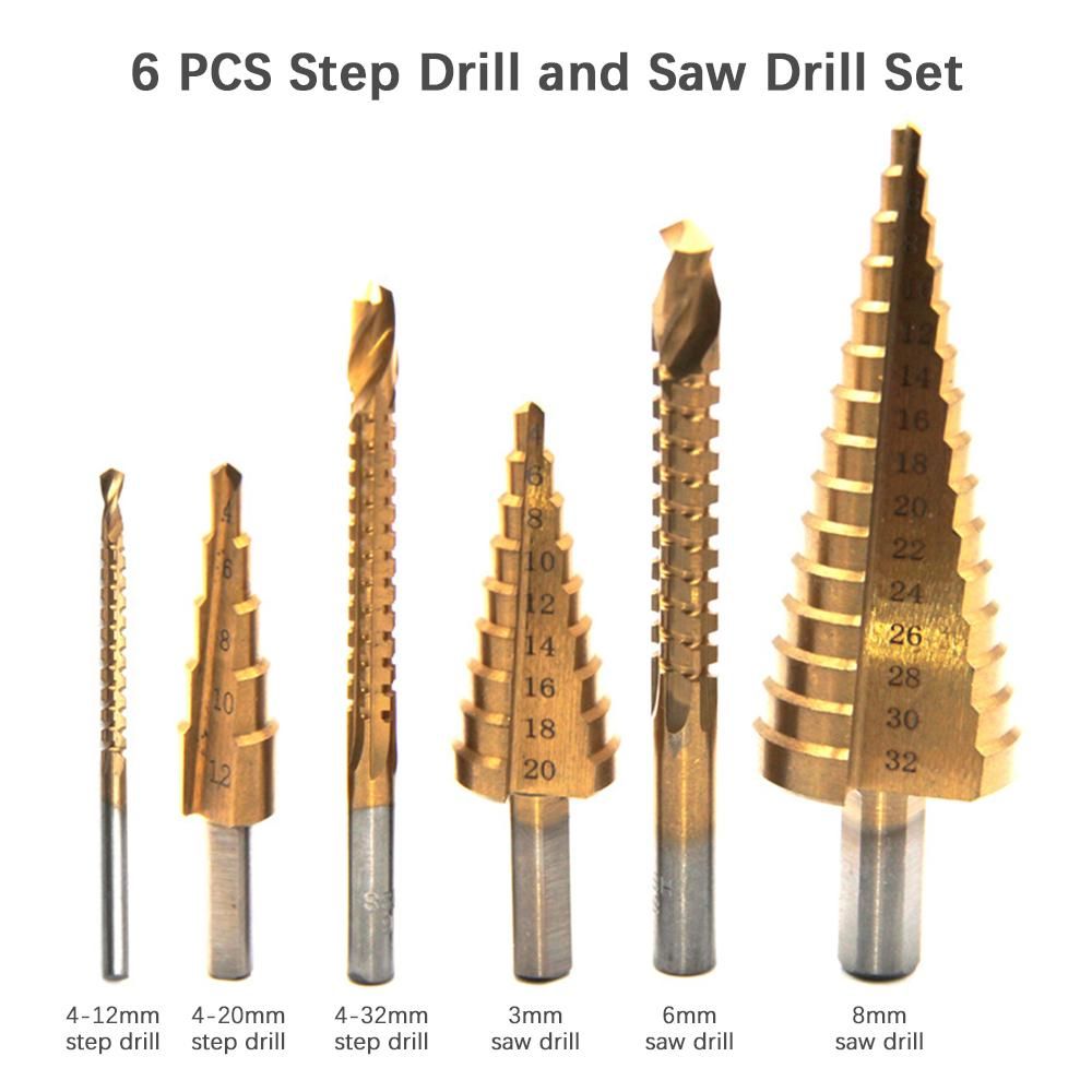 6PCS Spiral Groove Step Drill Set HSS Titanium-Coated Wood Metal Hole Cutter for Plastic Wood Metal DIY
