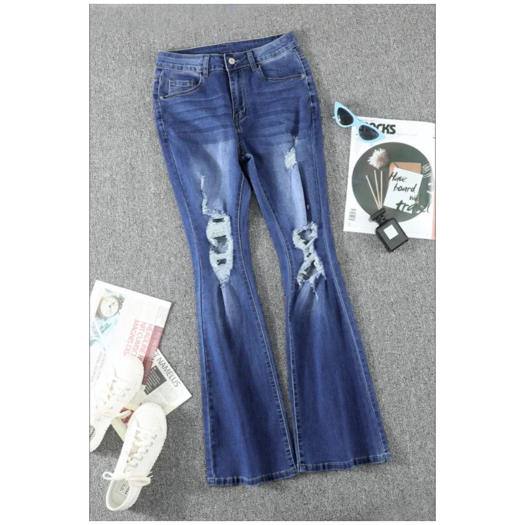 Mfed Blue Mid Waist Distressed Flare Jeans