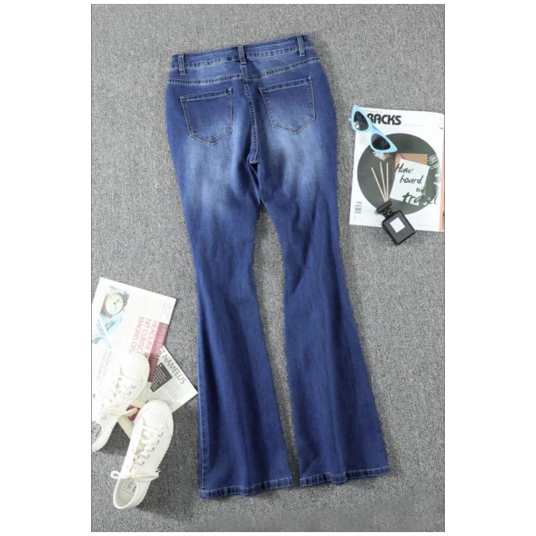 Mfed Blue Mid Waist Distressed Flare Jeans