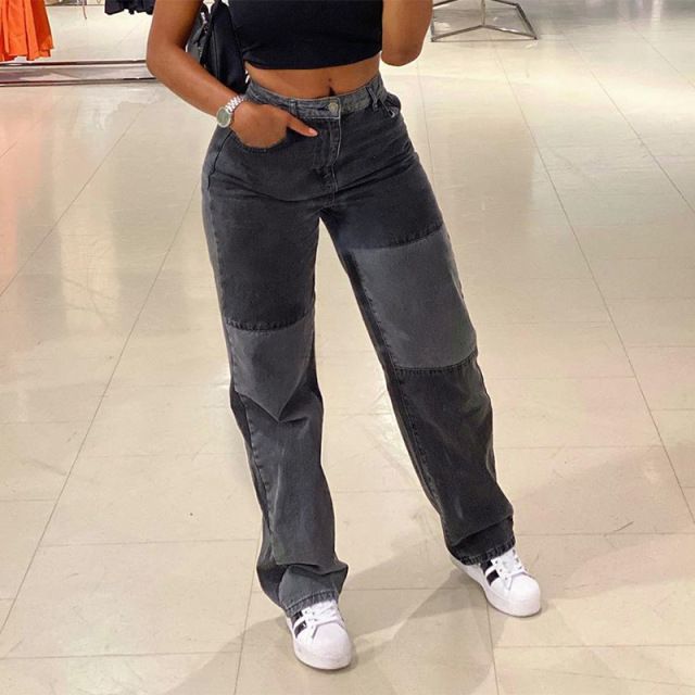 Patchwork Baggy Woman Jeans Mom Pants Khaki Vintage High Waist Explosive