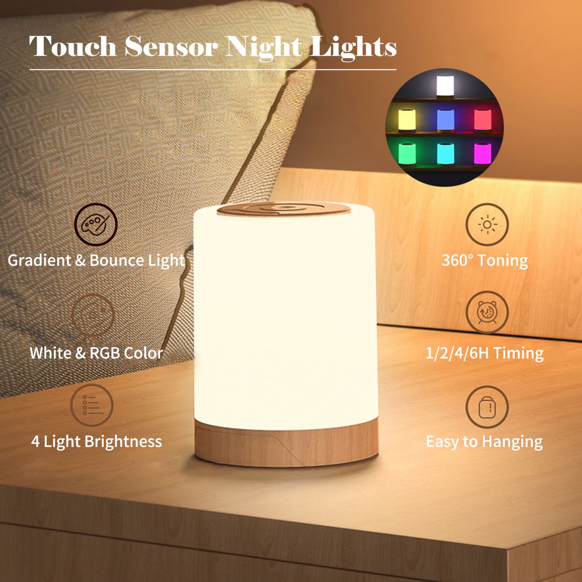 Bedside Table Lamp Touch Sensor Night Lights White   RGB