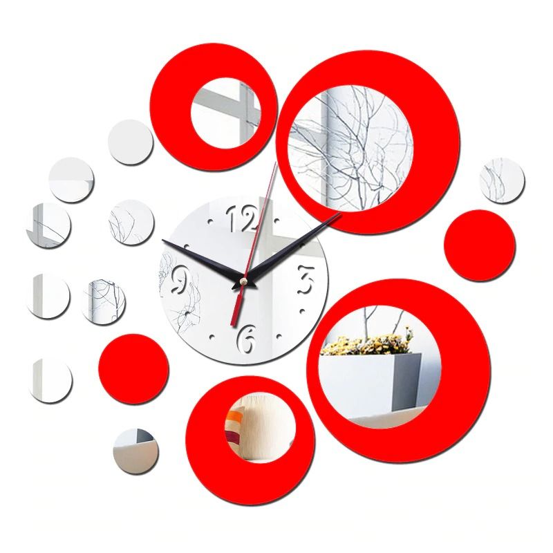 Silver Circle 3D Crystal Mirror Wall Clock WallSticker (RED)