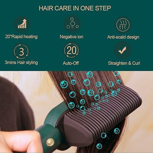 Hair Straightener And Curler, Straightening Brush, Fast Heating Electric Comb--Green