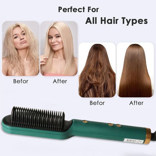 Hair Straightener And Curler, Straightening Brush, Fast Heating Electric Comb--Green