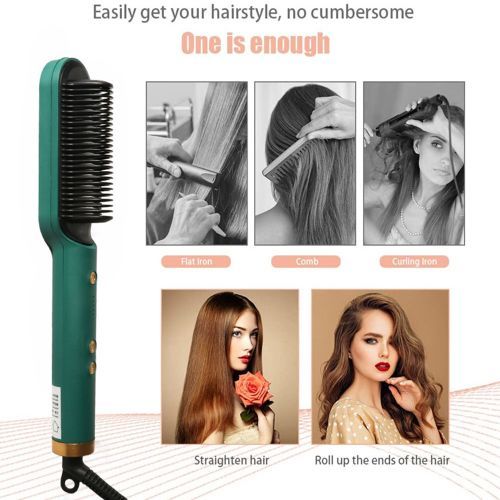 Hair Straightener And Curler, Straightening Brush, Fast Heating Electric Comb--Green