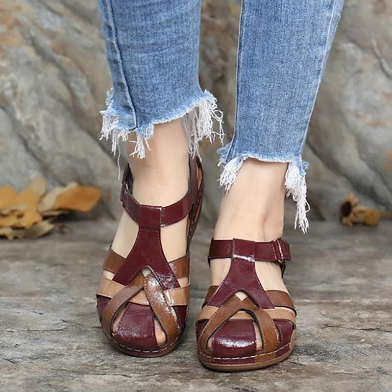 Women Leather Wedge Sandals(brown）