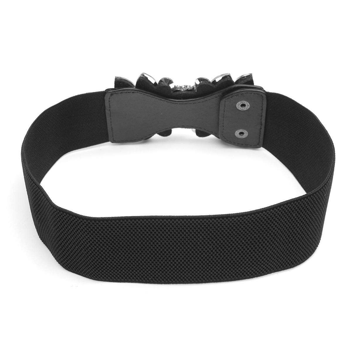 Women's Wide Rhinestone Elastic Buckle Waist Belt Stretch Adjustable Waistband Black 63