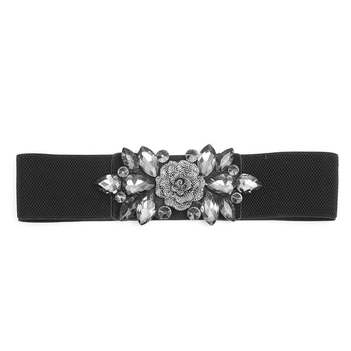 Women's Wide Rhinestone Elastic Buckle Waist Belt Stretch Adjustable Waistband Black 63