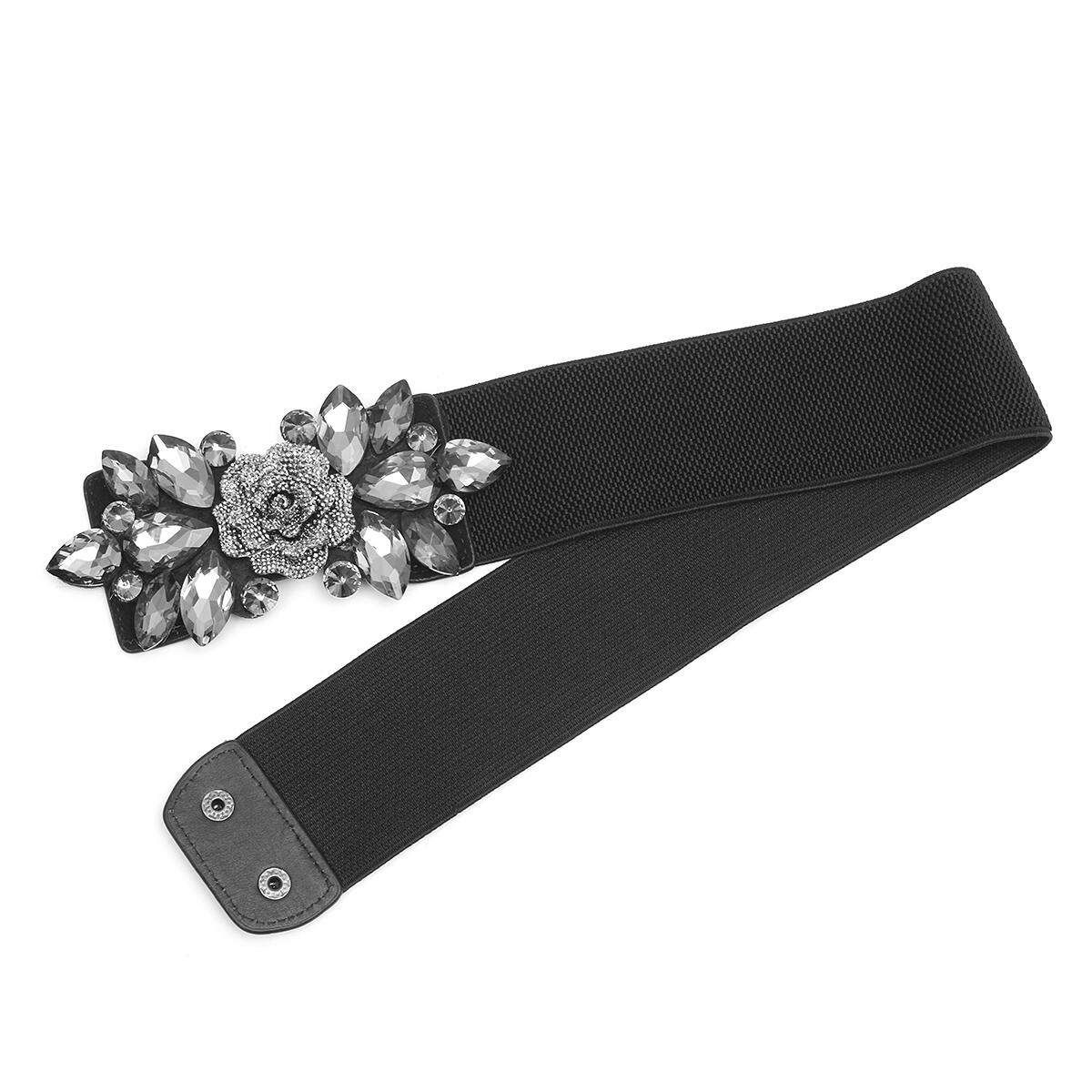 Women's Wide Rhinestone Elastic Buckle Waist Belt Stretch Adjustable Waistband Black 63