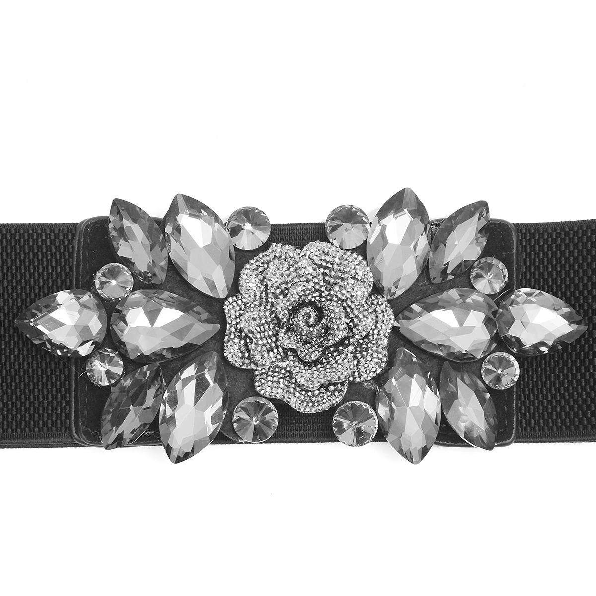 Women's Wide Rhinestone Elastic Buckle Waist Belt Stretch Adjustable Waistband Black 63