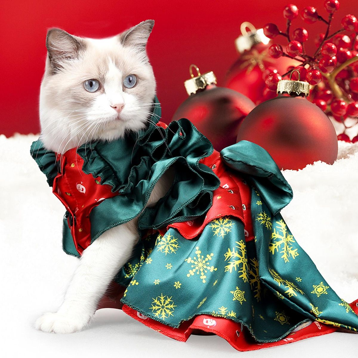 Cat Christmas Dress Santa Snowflake Bowknot Xmas Skirt for Cat
