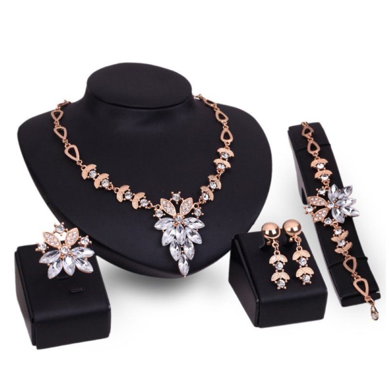 Women Rhinestone Grape Pendant Necklace Stud Earrings-White