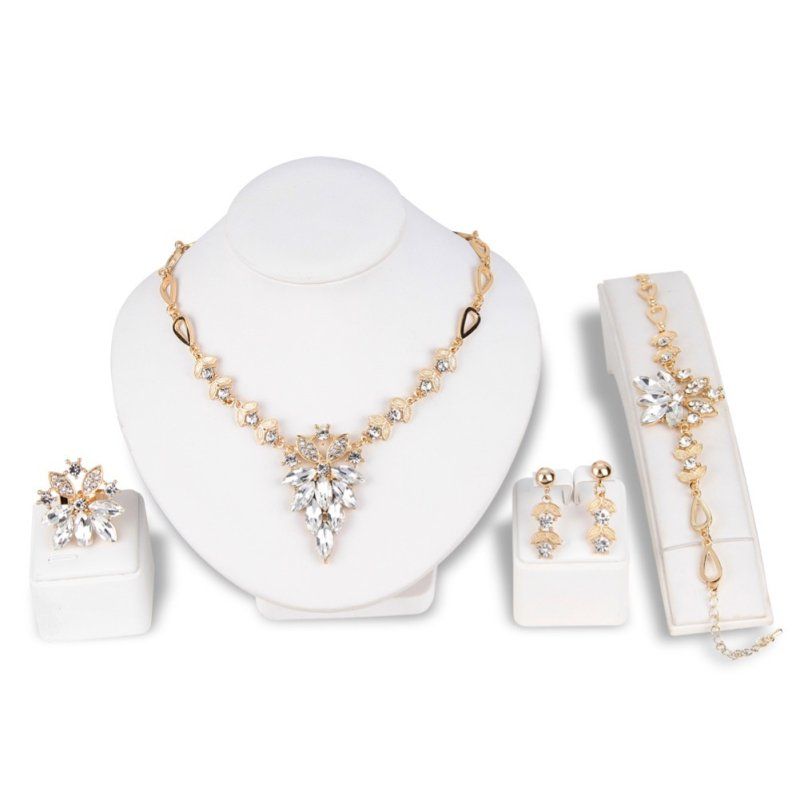 Women Rhinestone Grape Pendant Necklace Stud Earrings-White