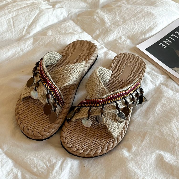Cross Slippers Flat Flip Flop Soft Bottom Simple Outer Wear Plain Color