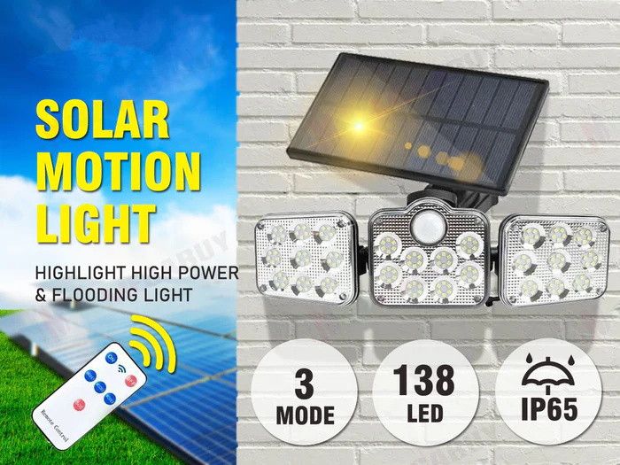138 LED 3 Heads Rotatable Lamp  Motion Sensor Solar Lights