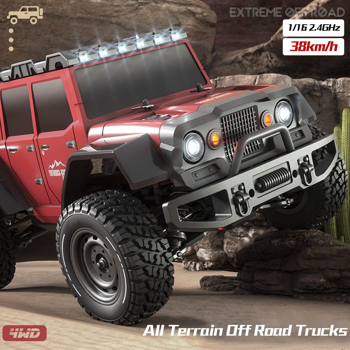 Remote Control Car 1/16 2.4GHz 38km/h All Terrain Off Road Trucks 4WD Climbing Car Gifts for Kids Adults 2 Battery