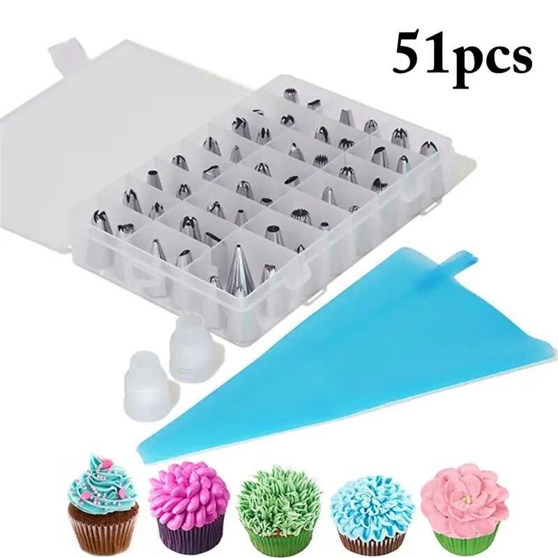 51pcs Confectionery Dessert Decor Silicone Icing Piping Cream Pastry Bag Stainless Steel Nozzle Set DIY Cake Decorating Tips