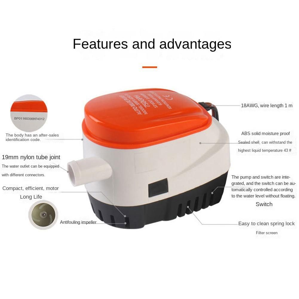 12V DC Bilge Pump Fully Automatic Switch Electric Small Submersible Pump 750GPH Big Flow Drainage Pump