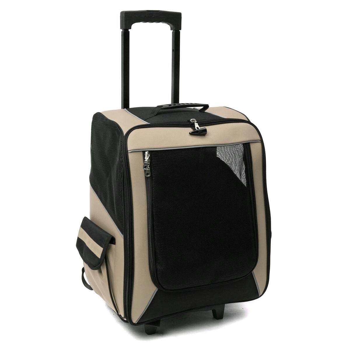 Pet Carrier Dog Cat Rolling BackPack Travel Wheel Luggage Bags Fit Car Seatbelt #Beige Beige