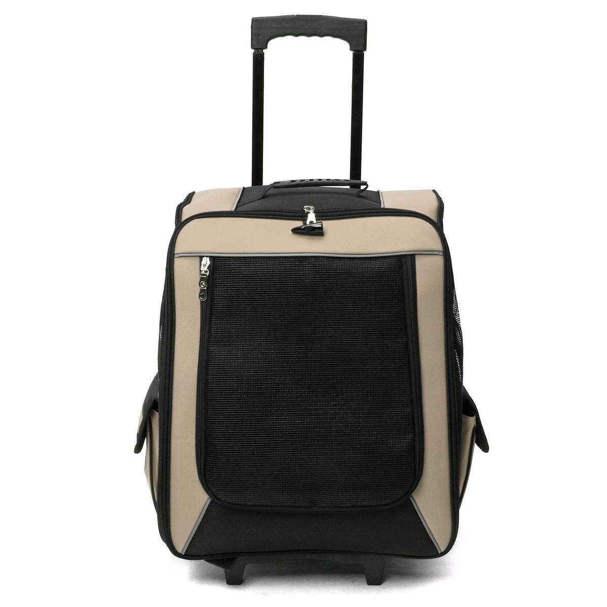 Pet Carrier Dog Cat Rolling BackPack Travel Wheel Luggage Bags Fit Car Seatbelt #Beige Beige