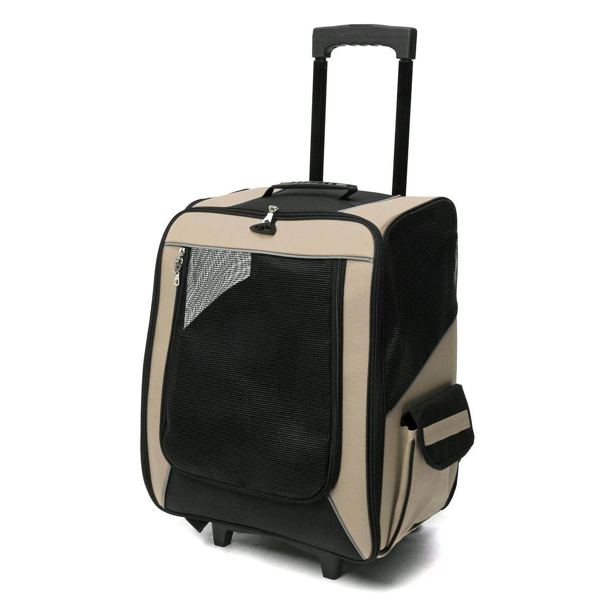 Pet Carrier Dog Cat Rolling BackPack Travel Wheel Luggage Bags Fit Car Seatbelt #Beige Beige