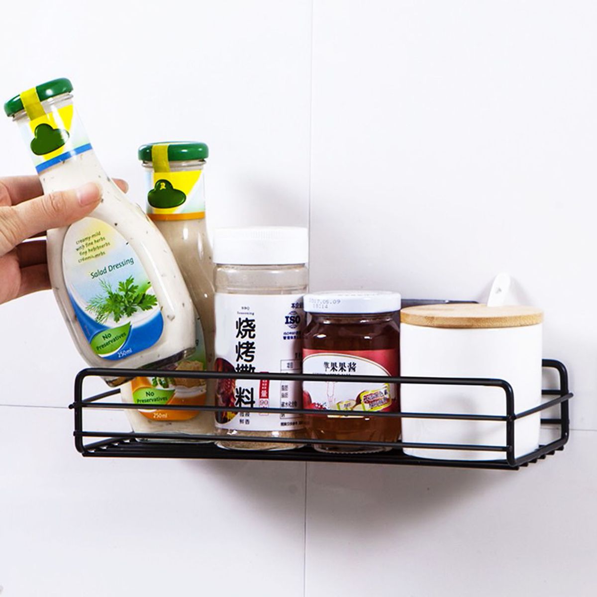 Iron Wall-mounted Self-adhesive Bathroom Kitchen Shelf Stroage Rack Accessory-Black