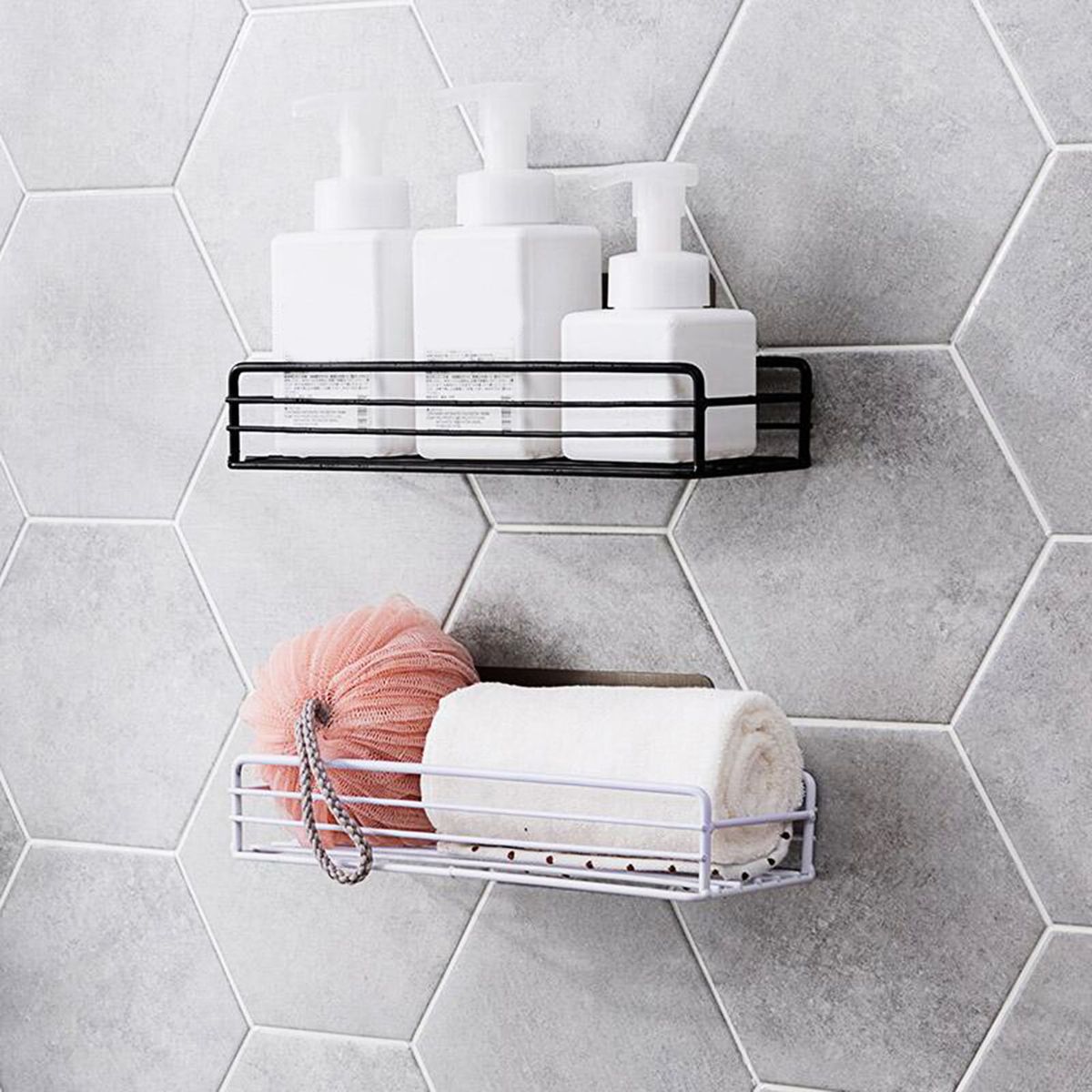 Iron Wall-mounted Self-adhesive Bathroom Kitchen Shelf Stroage Rack Accessory-Black