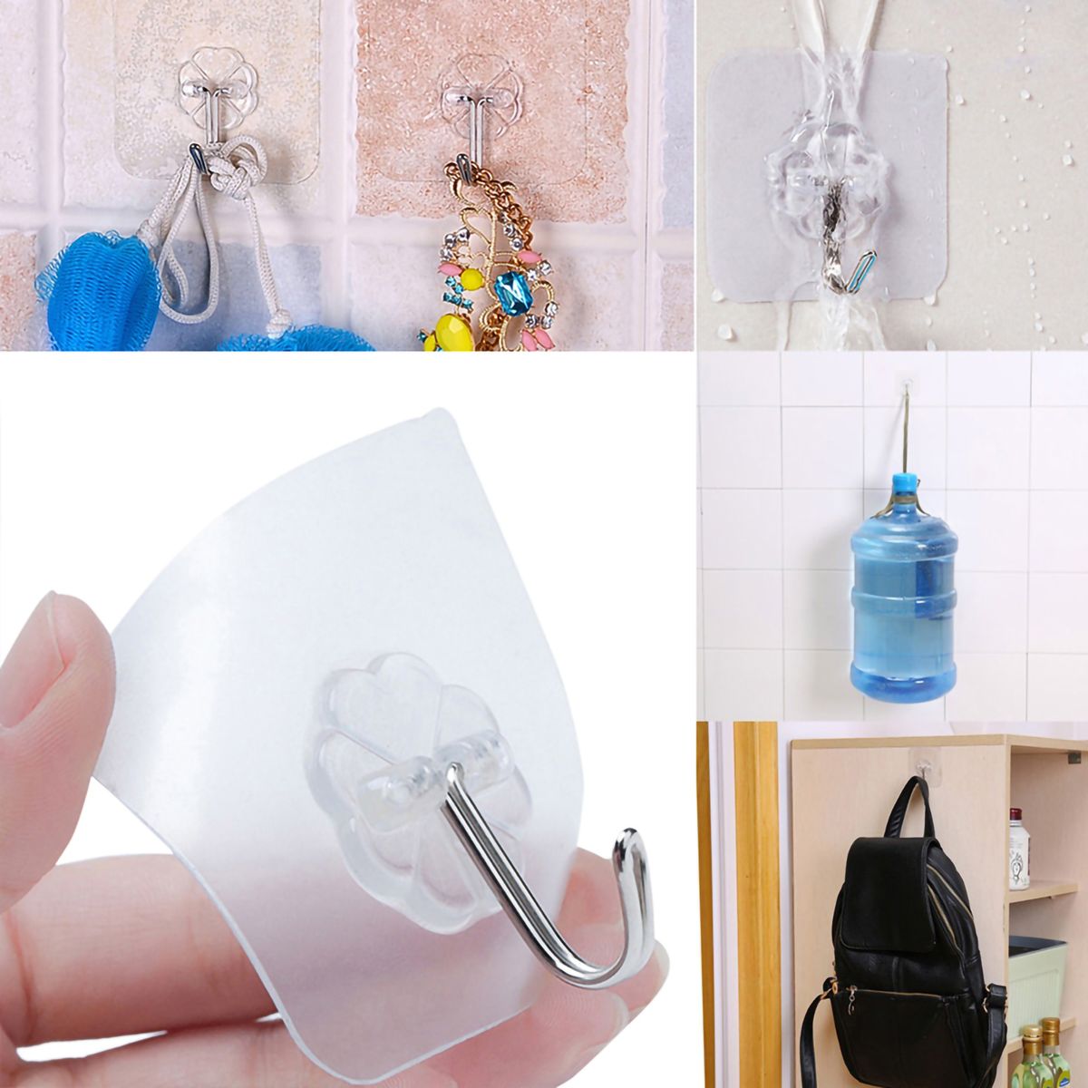 6Pcs Hooks Transparent Strong Adhesion PVC Self Adhesive Home Hangers For Bathroom-Transparent