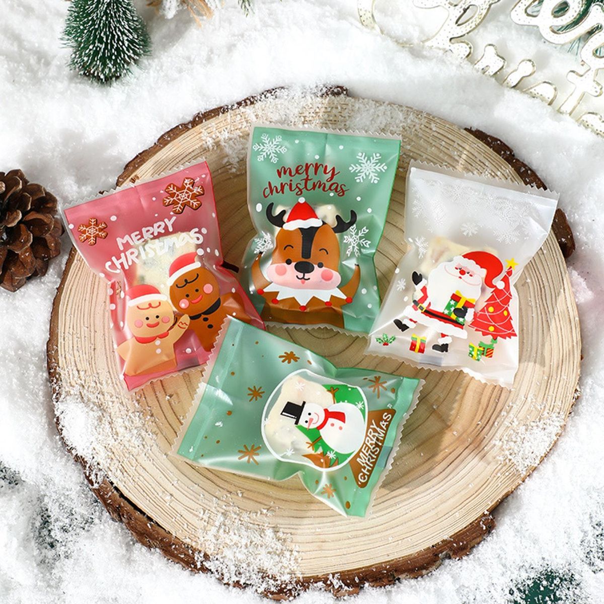 Elk Themed Candy Bags 100pcs Festive Candy Bag Set Santa Snowman Elk
