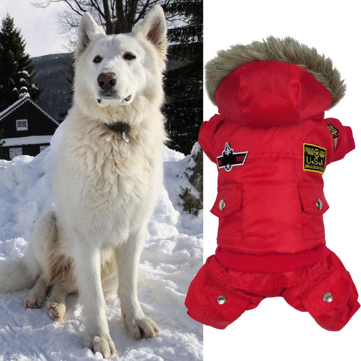 Dog Down Coat Winter Four-legged Pet Puppy Dog Hooded Coat Red