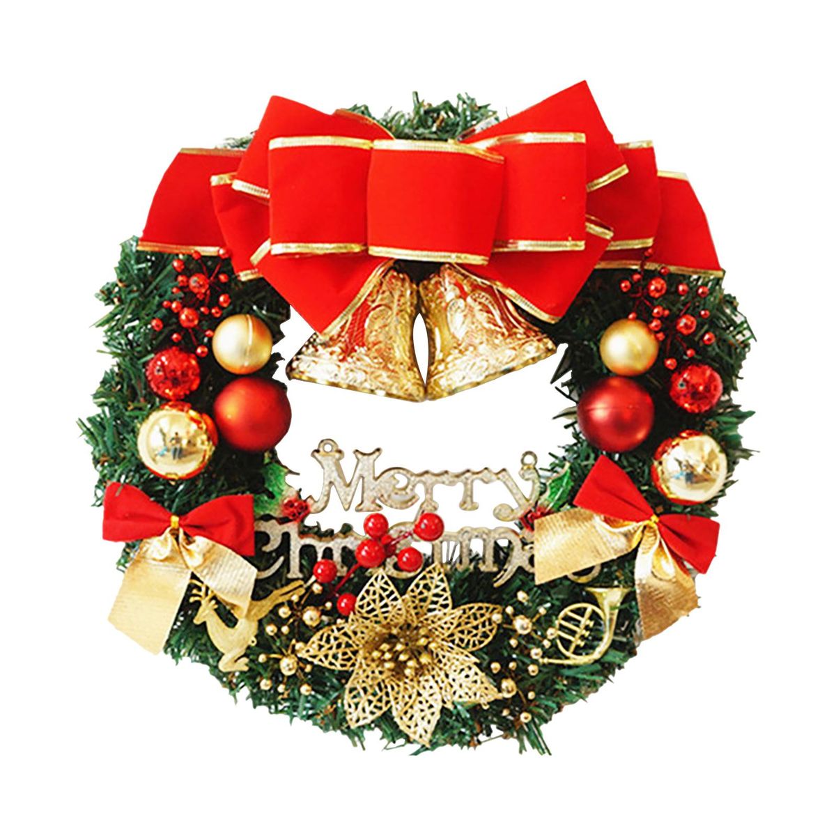 20 Inch Christmas Wreath With Bow Knot Bell Balls Merry Christmas Hanging Garland Artificial Wreath for Front Door Wall Party Decoration
