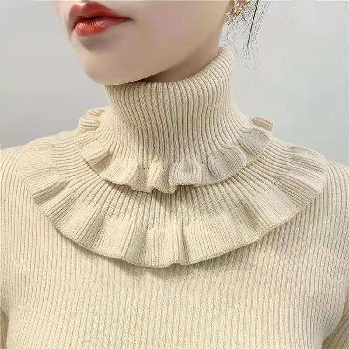 Autumn Winter Women Fake Collar Ruffles Turtleneck-Apricot