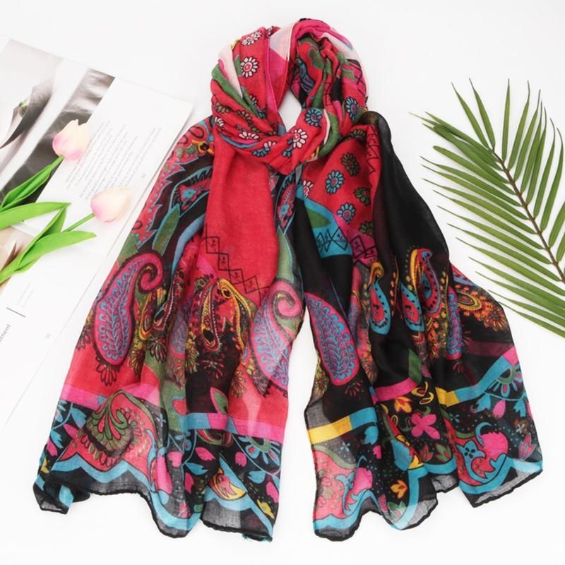 Voile Scarf Women Ethnic Style Wrap Printed-Black Red