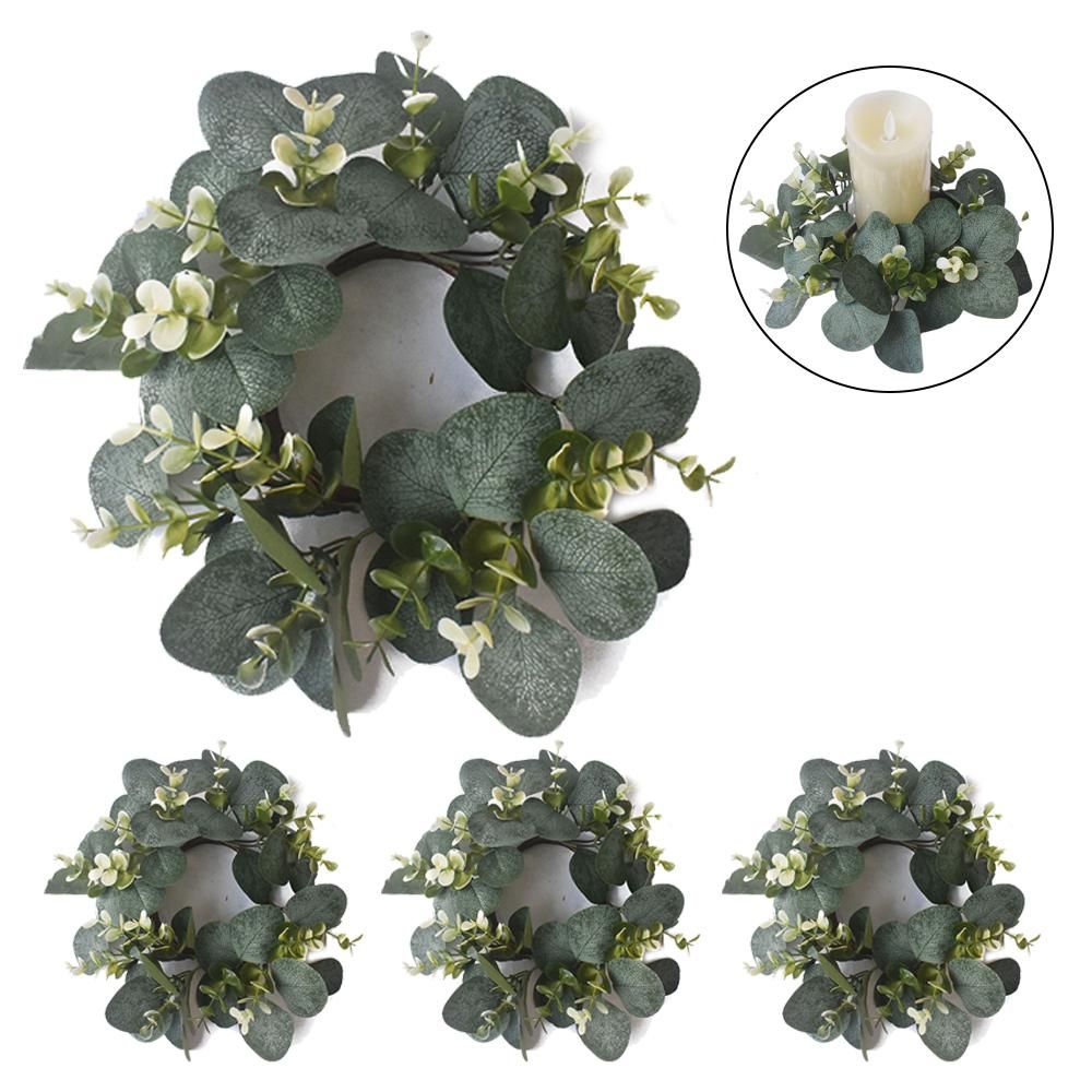 Set of 4 Artificial Candle Wreath Eucalyptus Candle Wreath Door Mount Wall Mount Simulated Wreath for Festival Wedding Party Green