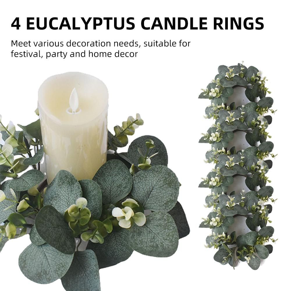 Set of 4 Artificial Candle Wreath Eucalyptus Candle Wreath Door Mount Wall Mount Simulated Wreath for Festival Wedding Party Green