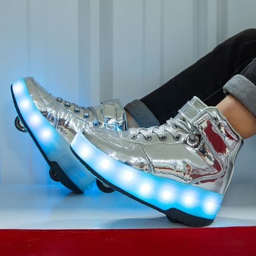 Children's Board Shoes [single Wheel *LED*USB Colorful Lights]-Silver