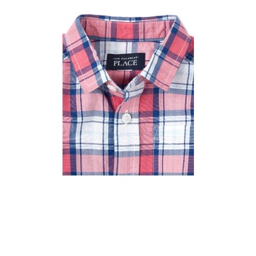 Boys Plaid Checkered Longsleeve Shirt- Coral And Blue