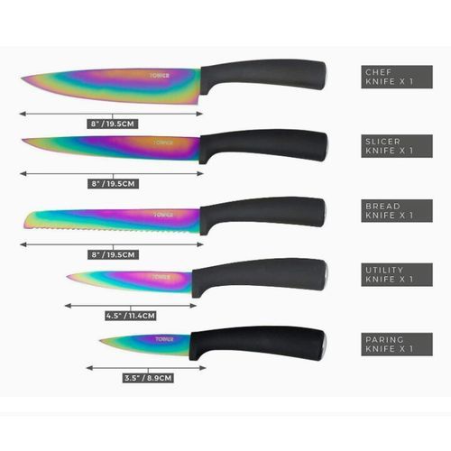 5 Piece Titanium Coated Knife Set With Acrylic Stand