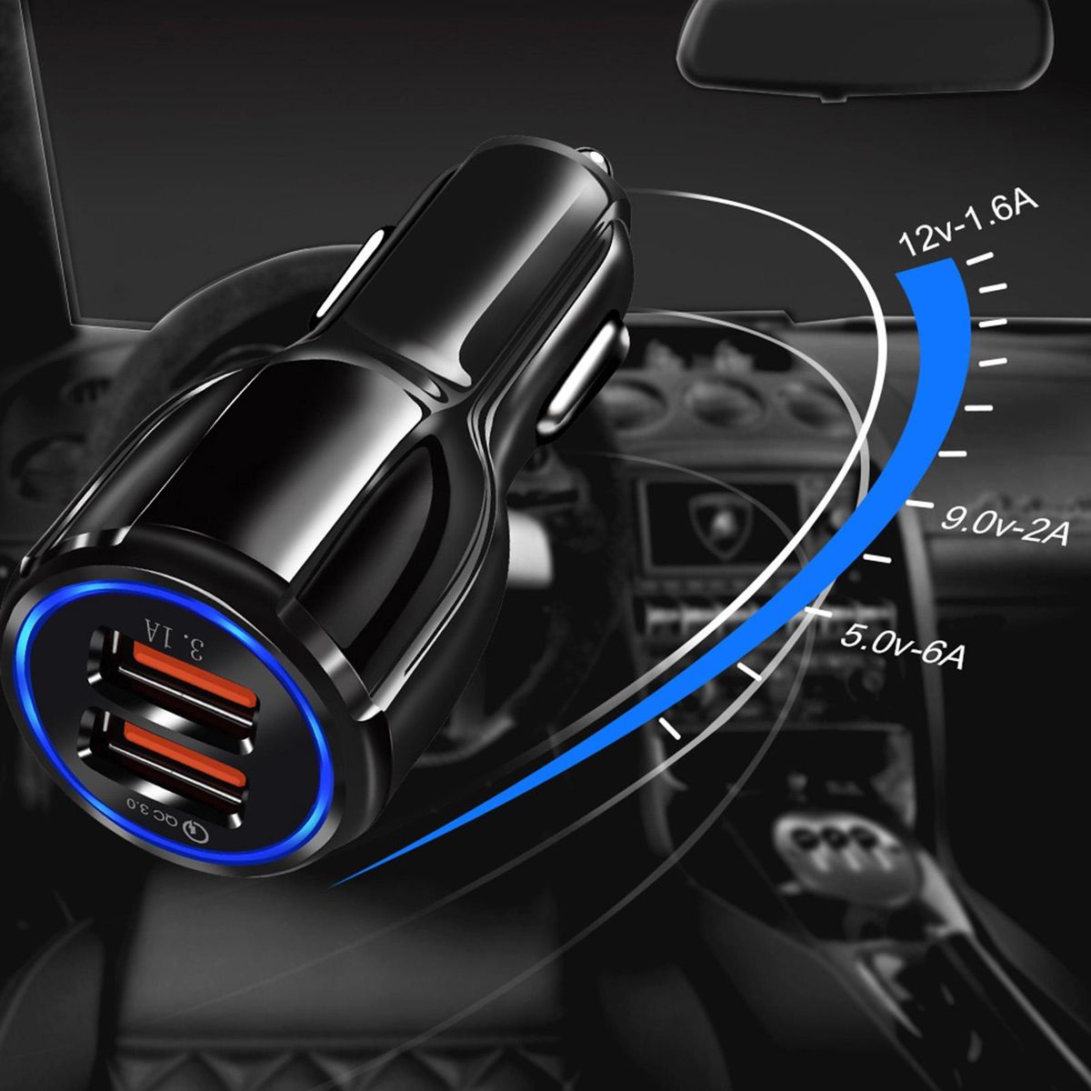 Car Charger 2-USB Port Fast Car Charger Black