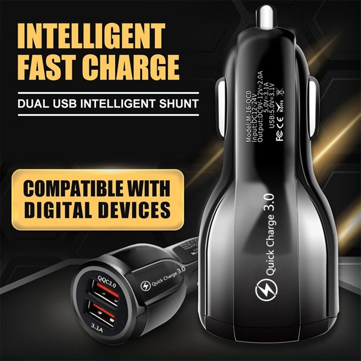 Car Charger 2-USB Port Fast Car Charger Black