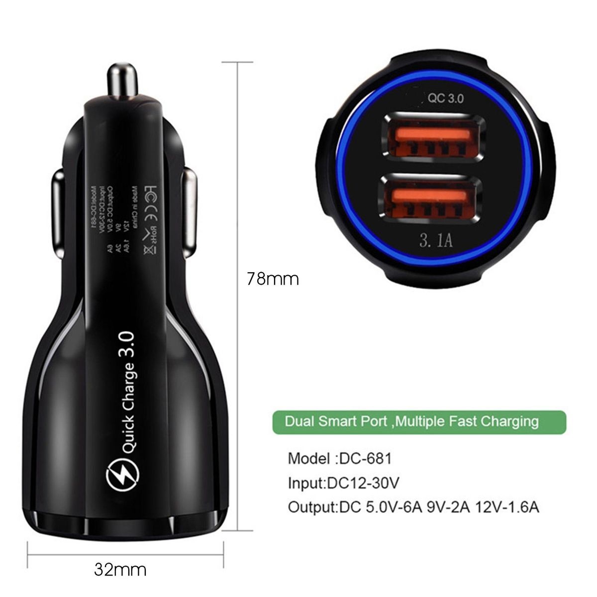 Car Charger 2-USB Port Fast Car Charger Black