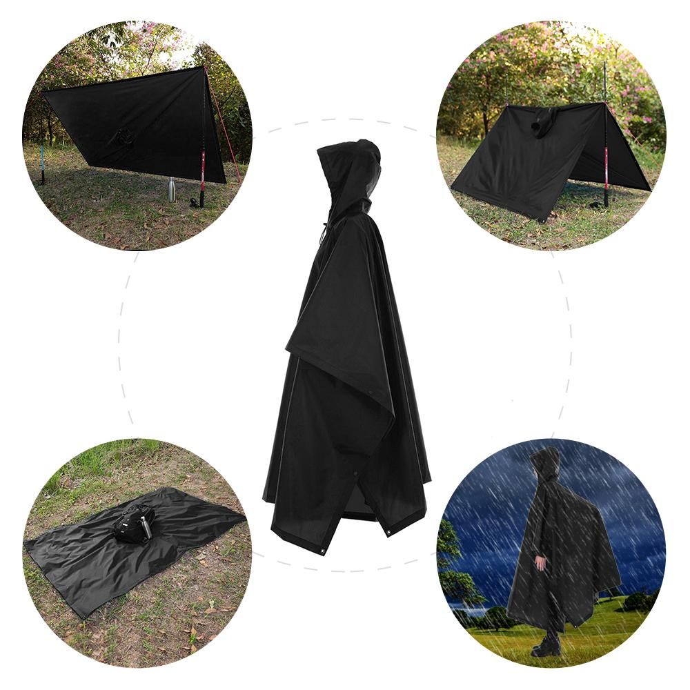 3-in-1 Waterproof Rain Poncho Lightweight Hooded Rain Coat Picnic Mat Blanket Sun Shelter for Outdoor Camping Hiking Cycling Climbing
