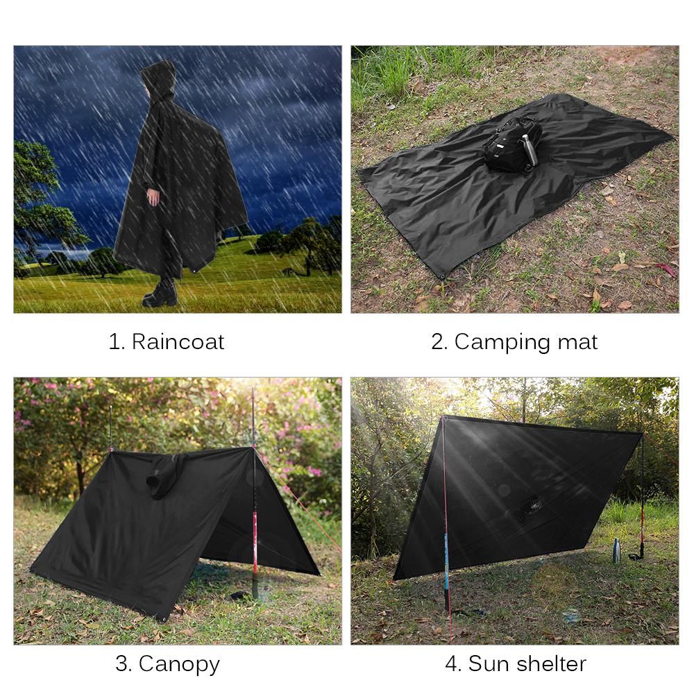 3-in-1 Waterproof Rain Poncho Lightweight Hooded Rain Coat Picnic Mat Blanket Sun Shelter for Outdoor Camping Hiking Cycling Climbing