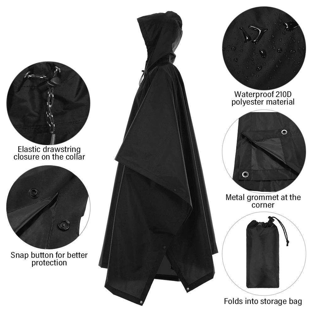 3-in-1 Waterproof Rain Poncho Lightweight Hooded Rain Coat Picnic Mat Blanket Sun Shelter for Outdoor Camping Hiking Cycling Climbing