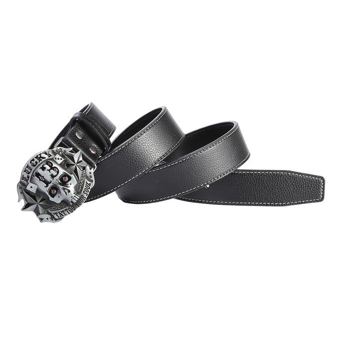 Western Cowboy Style Skull Head Buckle Leather Belt Jeans Decor Black