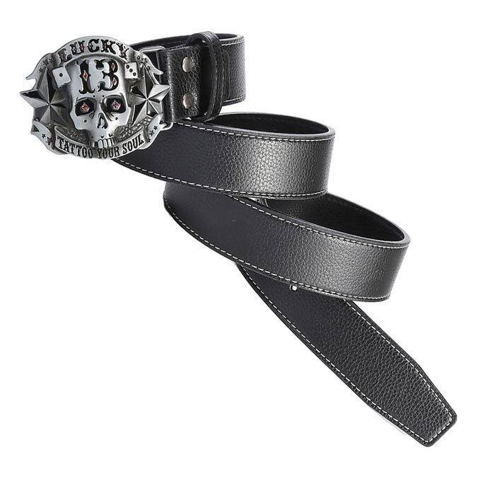 Western Cowboy Style Skull Head Buckle Leather Belt Jeans Decor Black