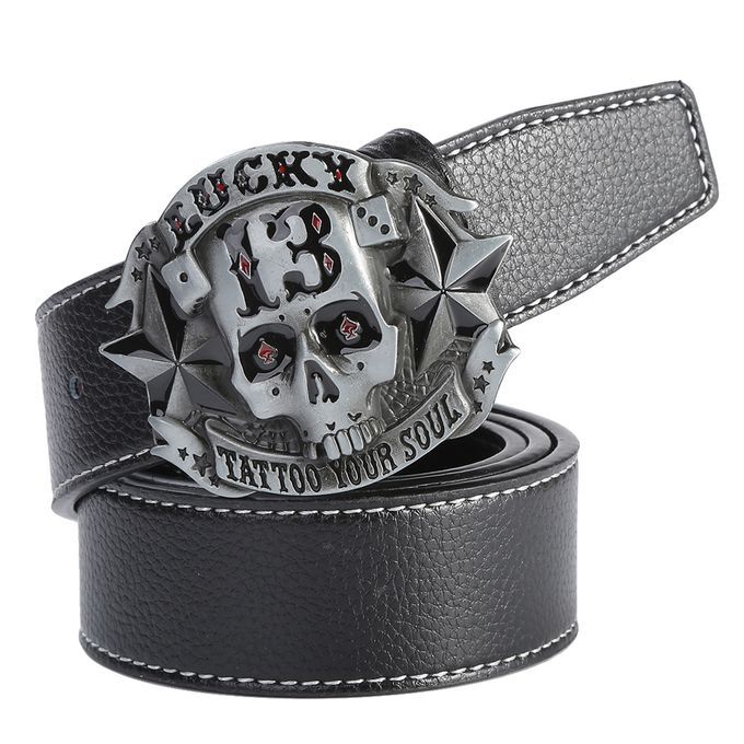 Western Cowboy Style Skull Head Buckle Leather Belt Jeans Decor Black