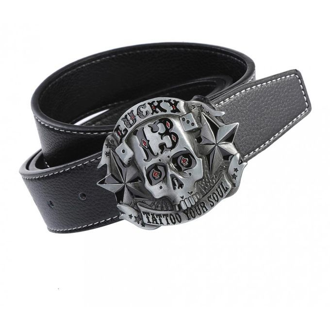 Western Cowboy Style Skull Head Buckle Leather Belt Jeans Decor Black
